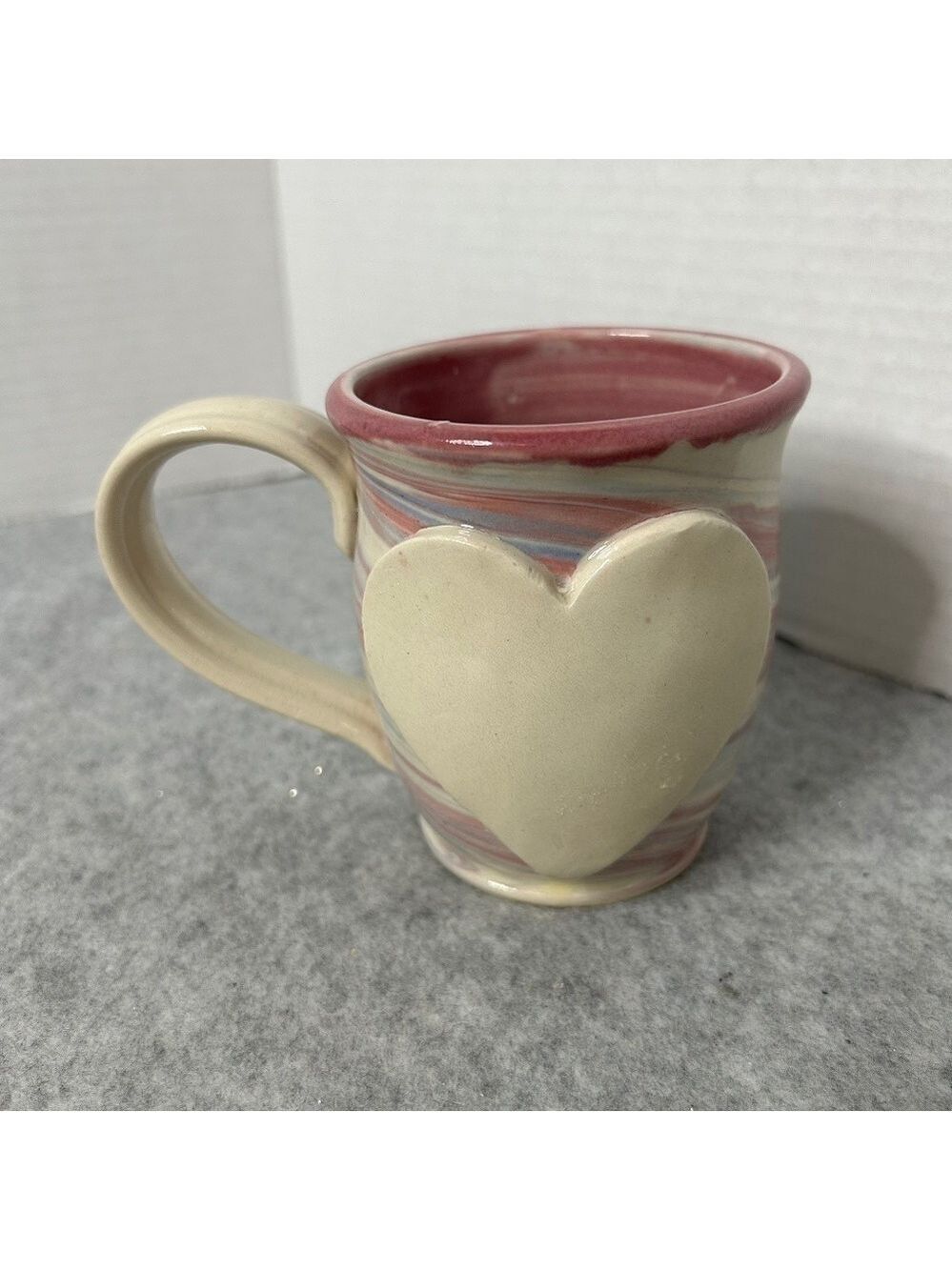Handcrafted Ceramic Mug Marble Pink Cream Heart Embelishment 5x4” Holds 10oz